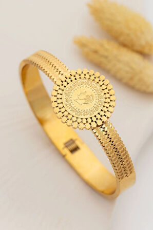 Kadın Bileklik - 22 Ayar Gerçek Altın Kaplama (KARARMAZ) Kadın Kelepçe Yaprak İşlemeli