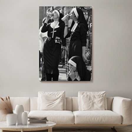 Asi Rahibeler Kanvas Tablo, İçme ve Sigara Parodisi, Siyah Beyaz Sokak Sanatı-5215