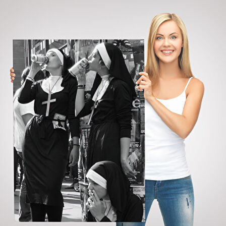 Asi Rahibeler Kanvas Tablo, İçme ve Sigara Parodisi, Siyah Beyaz Sokak Sanatı-5215