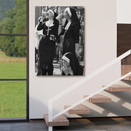 Asi Rahibeler Kanvas Tablo, İçme ve Sigara Parodisi, Siyah Beyaz Sokak Sanatı-5215