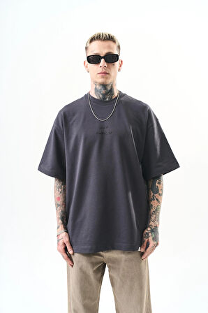 Erkek Just Hold Nakışlı Oversize T-Shirt Füme