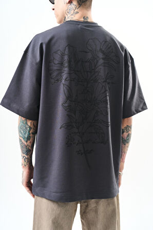 Erkek Just Hold Nakışlı Oversize T-Shirt Füme