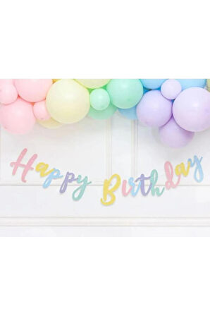 Makaron Soft Renklerde Happy Birthday Kaligrafi El Yazı Banner Doğum günü Yazısı Duvar Süsü