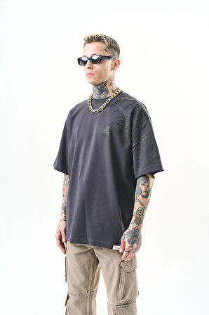 Erkek Hand Baskılı Oversize T-Shirt Füme