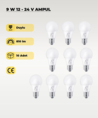9W 12-24V  Ampul 6500K - Beyaz Işık - E-27 Duy - 10 ADET