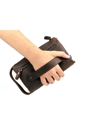 Erkek Hakiki Crazy Deri Kahverengi El Çantası Clutch Portföy Çanta