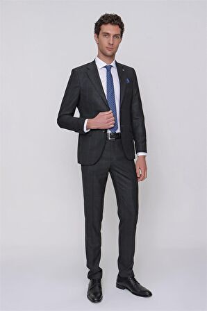  Siyah Slim Fit Dar Kesim Ekose Karali 6 Drop Takım Elbise