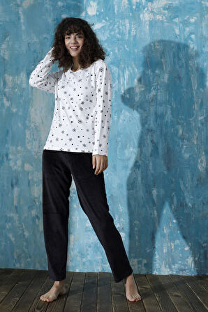 Kadın Bisiklet Yaka Düşük Omuz İnterlok Pamuklu Üst Kadife Alt Kışlık Pijama Eşofman Takım