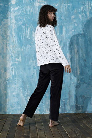 Kadın Bisiklet Yaka Düşük Omuz İnterlok Pamuklu Üst Kadife Alt Kışlık Pijama Eşofman Takım