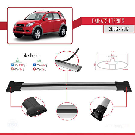 Daihatsu Terios 2 (J200) 2006-2017 Arası ile Uyumlu FLY Model Ara Atkı Tavan Barı Gri 2 Adet