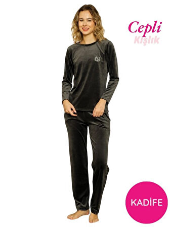 Kadın Bisiklet Yaka Düğmesiz İpeksi Yumuşak Kadife Kışlık Uzun Kol Cepli Pijama Takımı