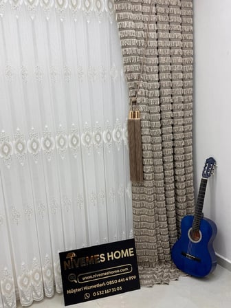 NİVEMESHOME 3767 SERAP GOLD  1/3 PİLELİ  BAMBU TÜL PERDE