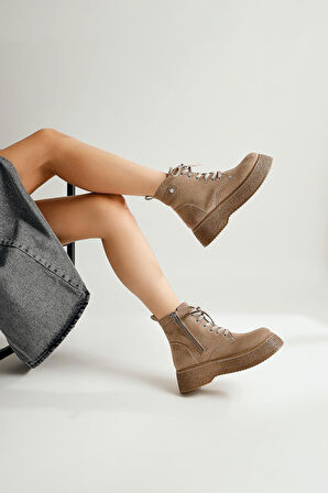 Kadın Postal Bot Bağcıklı Yandan Fermuarlı Vizon Termo Kaymaz Taban