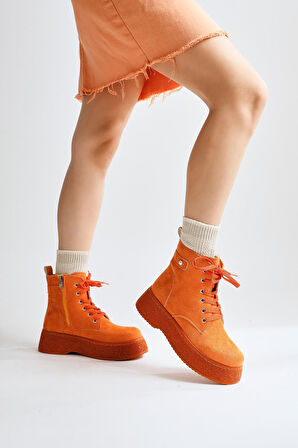 Kadın Postal Bot Bağcıklı Yandan Fermuarlı Turuncu Termo Kaymaz Taban