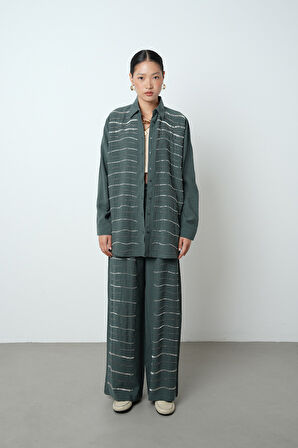 Kadın Yatay Şerit Taş İşlemeli Düz Renk Oversize Gömlek