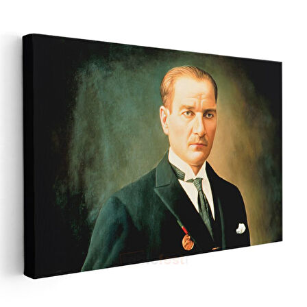 Yeşil Fonlu Atatürk - Madalyalı Resmi Portre Kanvas Tablo