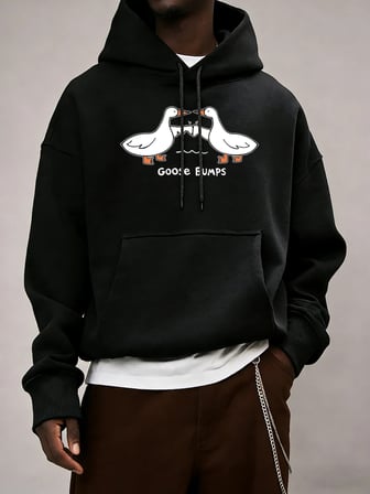 Good Bumps Ducks Baskılı Erkekler Sonbahar Kapüşonlular Cep Trendy Tişörtü Rahat Hip Hop Uzun