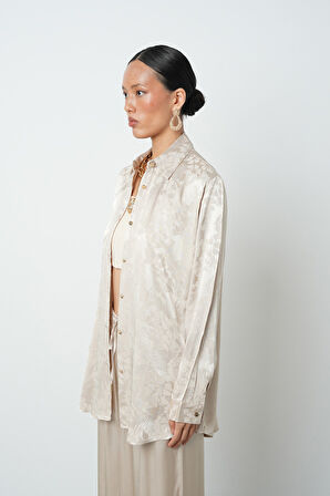 Kadın Bej Renk Desenli Oversize Kesim Tesettür Gömlek