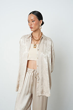 Kadın Bej Renk Desenli Oversize Kesim Tesettür Gömlek