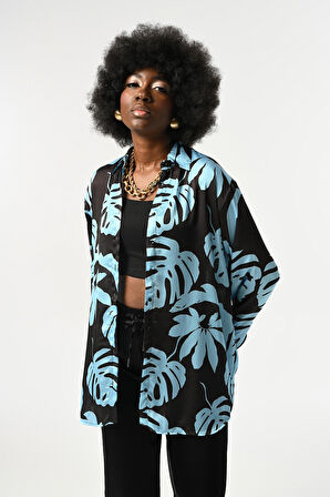 KADIN YAPRAK DESENLİ OVERSİZE KESİM GÖMLEK