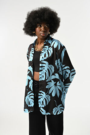 KADIN YAPRAK DESENLİ OVERSİZE KESİM GÖMLEK