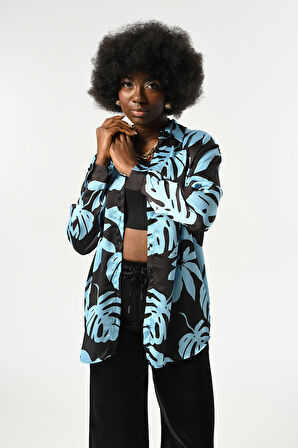 KADIN YAPRAK DESENLİ OVERSİZE KESİM GÖMLEK