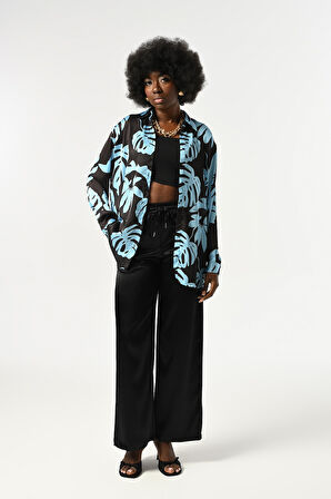 KADIN YAPRAK DESENLİ OVERSİZE KESİM GÖMLEK