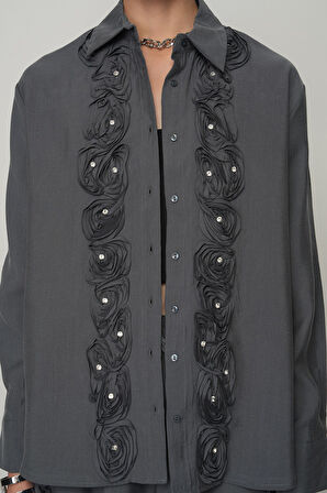 Kadın Gül Ve Taş Şerit İşlemeli Düz Gömlek