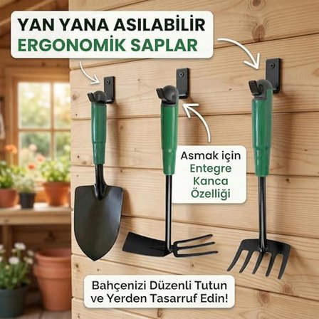 Çapa Tırmık Kürek 3’lü Set Metal Hobi Bahçe El Aletleri Saksı, Çiçek, Bitki ve Toprak Kazma Seti