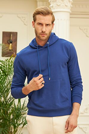 Erkek Kapüşonlu Comfort Fit Düz Sweatshirt Mavi