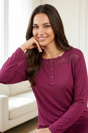 Kadın Dantelli Bambu Viskon Uzun Kollu Mevsimlik Soft Örme Yumuşak Pijama Takımı
