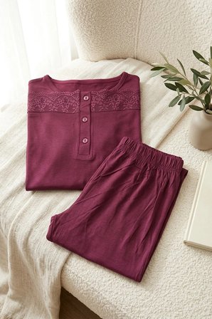Kadın Dantelli Bambu Viskon Uzun Kollu Mevsimlik Soft Örme Yumuşak Pijama Takımı