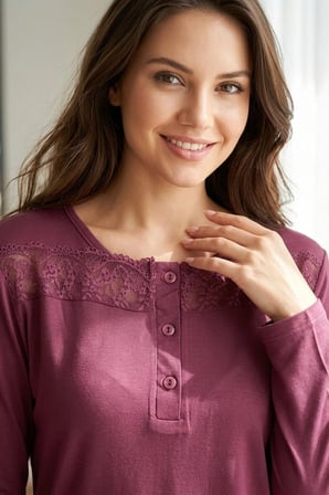 Kadın Dantelli Bambu Viskon Uzun Kollu Mevsimlik Soft Örme Yumuşak Pijama Takımı