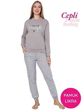 Kadın Bisiklet Yaka Bilek Manşet/Lastikli 2 İplik Pamuk Cepli Kışlık Jogger Eşofman Pijama Takımı