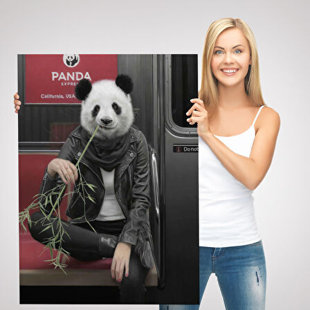 Gerçek Metroda Panda Başlı İnsan Kanvas Tablo-5228