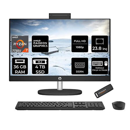 HP 24-CR0013NT R7 7730U 36GB 4TB SSD Radeon Graphics 23.8" FHD IPS FDOS All In One PC Siyah & PER4