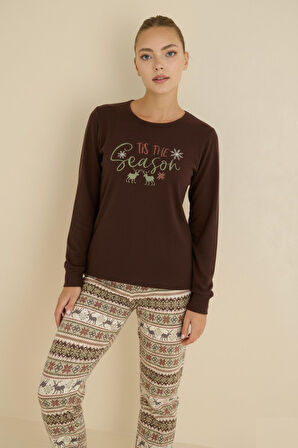 Kadın Bisiklet Yaka Düğmesiz Bilekler Lastikli/Jogger Yumuşak Termal Kışlık Pijama Takımı