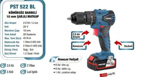 PROTER PST 522 BL KÖMÜRSÜZ DARBELİ 10 mm ŞARJLI MATKAP