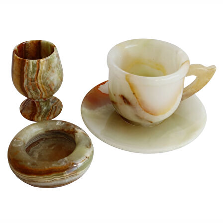 Oniks Doğal Taş Fincan, Kadeh ve Kül Tablası Seti – El Yapımı Şık Masa Dekoru | Hediyelik Oniks Taş Takım