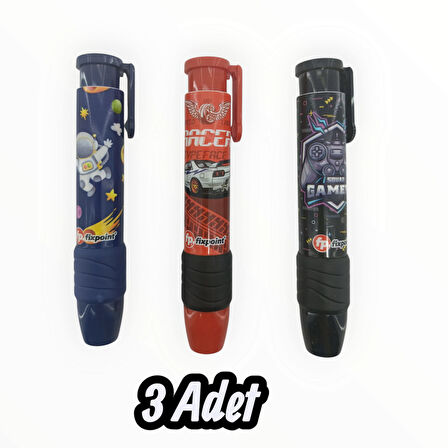Fixpoint -3 Adet- Otomatik Pastel Araba Astronot Konsol Temalı Erkek Seti Roket Silgi (P-1307)