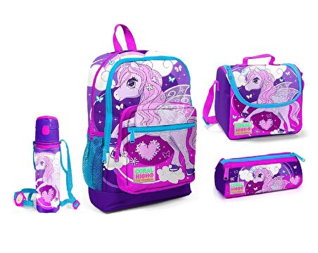 Coral High Mor Unicorn Desenli Beslenme Okul Çantası Kalemlik + Matara