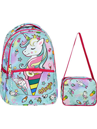 Yeşil Magic Unicorn Figürlü Kız İlkokul Sırt Çantası + Beslenme Çantası (2305)