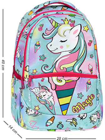 Yeşil Magic Unicorn Figürlü Kız İlkokul Sırt Çantası + Beslenme Çantası (2305)