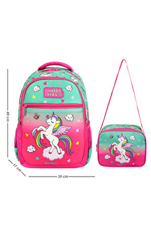 Waddell Lisanslı Pembe Unicorn Desenli İlkokul Çantası Beslenme Çantalı 24301