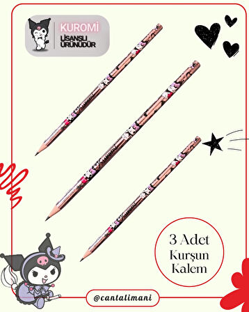 Kuromi Lisanslı Pembe Kurşun Kalem Seti (3 Adet Kurşun Kalem, 2 Adet Silgi, Kalemtraş)
