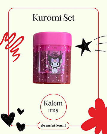 Kuromi Lisanslı Pembe Kurşun Kalem Seti (3 Adet Kurşun Kalem, 2 Adet Silgi, Kalemtraş)