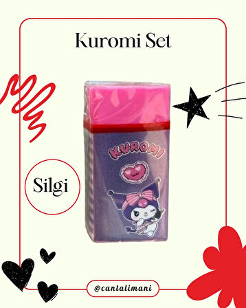 Kuromi Lisanslı Pembe Kurşun Kalem Seti (3 Adet Kurşun Kalem, 2 Adet Silgi, Kalemtraş)