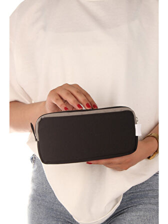 Relaxion Siyah İki Gözlü Krinkıl Kumaş Kalem Çantası Kalemlik (173)