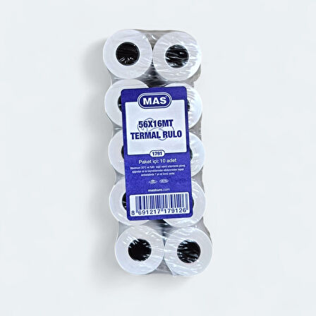 Mas 56x16m Termal Rulo Yazar Kasa Pos Kağıdı 16 Metre / 10 Adet (1 Paket)