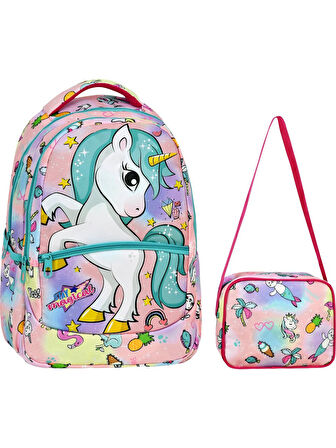 Yeşil Unicorn Desenli Kız İlkokul Sırt Çantası + Beslenme Çantası (2306)